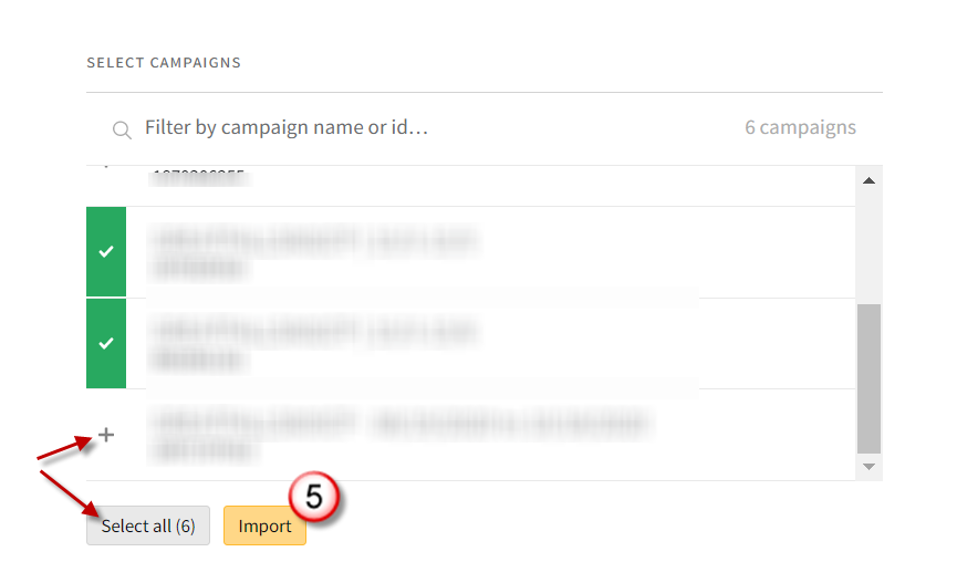 Select Campaigns modal highlighting the plus icon to select campaigns, the Select all button, and the Import button.